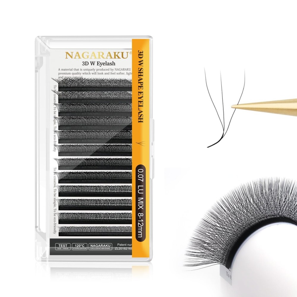 NAGARAKU 3D W Shape Eyelash Extension Supplies Natural Soft Volume 0.07mm LU curl 8-12mm Mix Premade Fans Faux Mink Matte Black Cluster Easy Fanning False Lashes