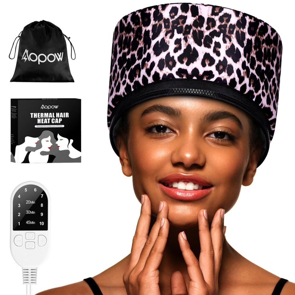 Heat Cap Leopard Thermal Steam Cap - 10-Level Heating for Deep Conditioning Natural and Black Hair at Home
