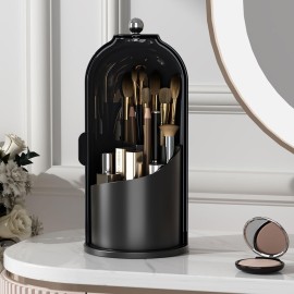 YOOLENS Makeup Brush Holder with Lid 360 Rotating Clear Dustproof Make Up Organizers for Vanity Bathroom Countertop, Black