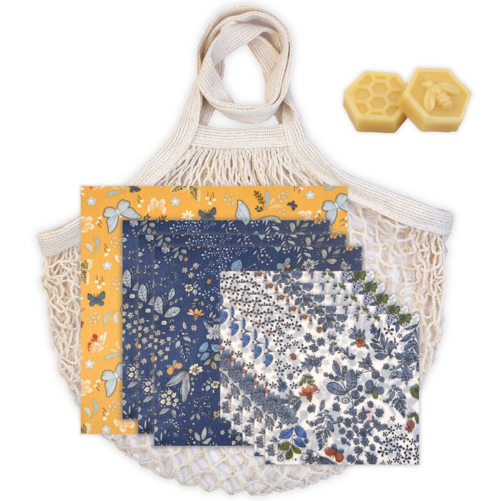 BYTTME Reusable Beeswax Wrap - 9 Pack Beeswax Wraps for Food, Eco-Friendly Beeswax Food Wraps, with Mesh Grocery Bag & 2 Beeswax Bars, Reusable Food Storage Wrap Set, Sustainable Gifts