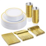 BESTVIP 150PCS Plastic Dinnerware Set (25 Guests), Gold Disposable Plates for Party, Wedding, Christmas, Anniversary, Includes: Dinner Plates, Dessert Plates, Cups, Spoons, Forks and Knives