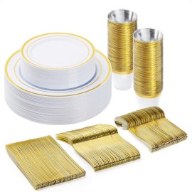 BESTVIP 150PCS Plastic Dinnerware Set (25 Guests), Gold Disposable Plates for Party, Wedding, Christmas, Anniversary, Includes: Dinner Plates, Dessert Plates, Cups, Spoons, Forks and Knives