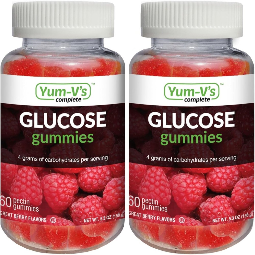 YUM-V\'S Glucose Gummies - Fast Acting Glucose Chewable Gummies - Great Tasting - Gluten Free, Vegan, Non-GMO - Berry Natural Flavor - 60 Chewable Gummy for Adults & Kids (Pack of 2)