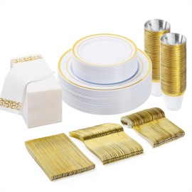 BESTVIP 175 PCS Gold Dinnerware Set for 25 Guests, Plastic Dinnerware Set for Party, Wedding, Christmas, Include: 50 Plastic Plates, 25 Gold Silverware, 25 Cups, 25 Paper Napkins