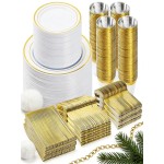 BESTVIP 600PCS Gold Dinnerware Set for 100 Guests, Plastic Plates for Party, 100 Gold Disposable Plates, 100 Dessert Plates, 100 Cups, 100 Spoons, 100 Forks and 100 Knives
