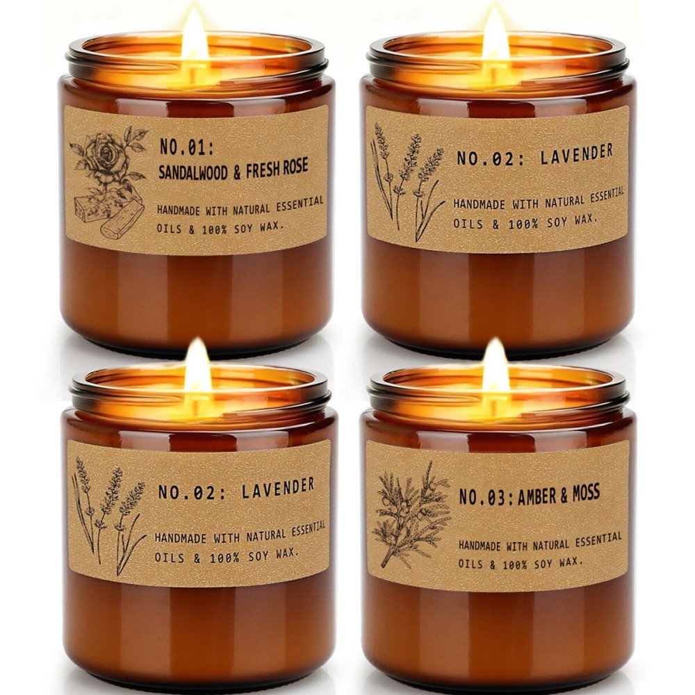 Large 9 oz Scented Candle Gift Set, 10% Essential Oils Soy Wax Candles in Vintage Amber Jars, Aromatherapy 4-Pack - Sandalwood Rose, Lavender - Luxury Holiday Gifts for Women, Organic Soy Wax
