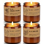 Large 9 oz Scented Candle Gift Set, 10% Essential Oils Soy Wax Candles in Vintage Amber Jars, Aromatherapy 4-Pack - Sandalwood Rose, Lavender - Luxury Holiday Gifts for Women, Organic Soy Wax