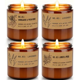 Large 9 oz Scented Candle Gift Set, 10% Essential Oils Soy Wax Candles in Vintage Amber Jars, Aromatherapy 4-Pack - Sandalwood Rose, Lavender - Luxury Holiday Gifts for Women, Organic Soy Wax