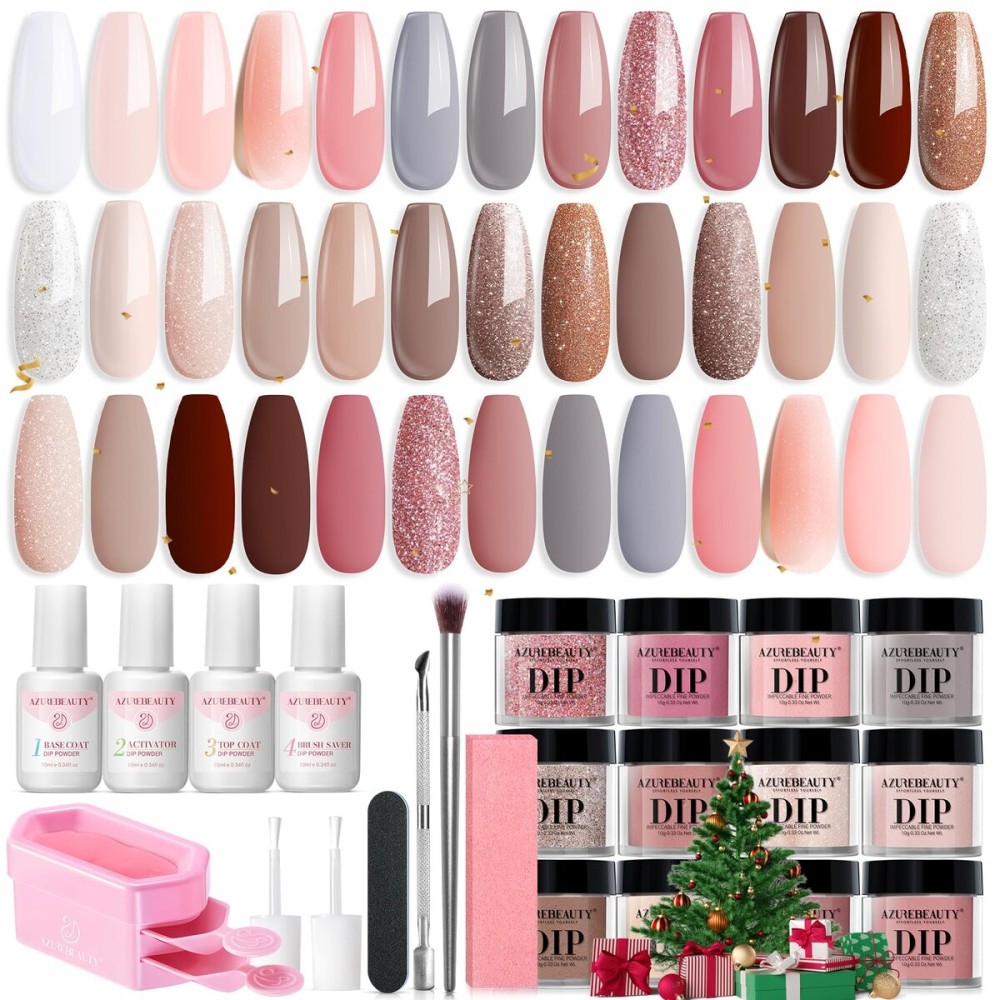 AZUREBEAUTY 31 Pcs Dip Powder Nail Kit 20 Colors Glitter Nude Brown Pink White Gray Dip Powder Liquid Set with Top/Base Coat Activator for French Nails Art Manicure DIY Salon Women Valentine\'s Gift
