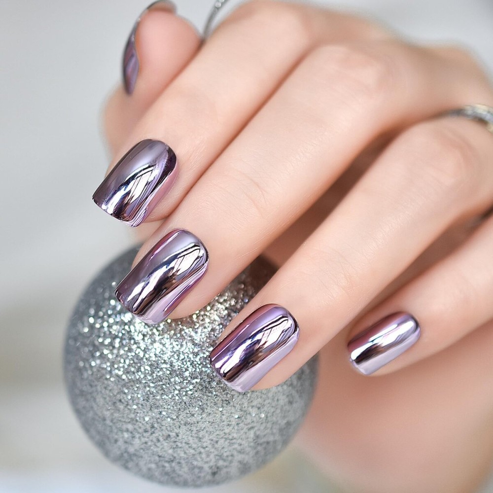 Metal Mirror Press on Nails - iBeautying False Nails - Light Purple Pink Finish Finger Daily Wear Nail - Short Square Acrylic Reusable Fake Nails 24pcs