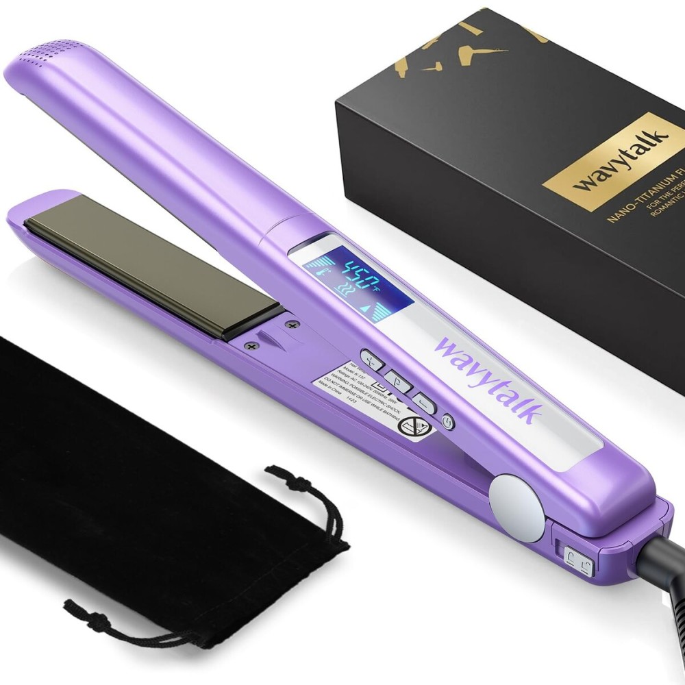 Wavytalk Pro Flat Iron Hair Straightener, 100% Pure Titanium Flat Iron for Easy Glide, Straightener and Curler for All Hairstyles, Dual Voltage (Purple)
