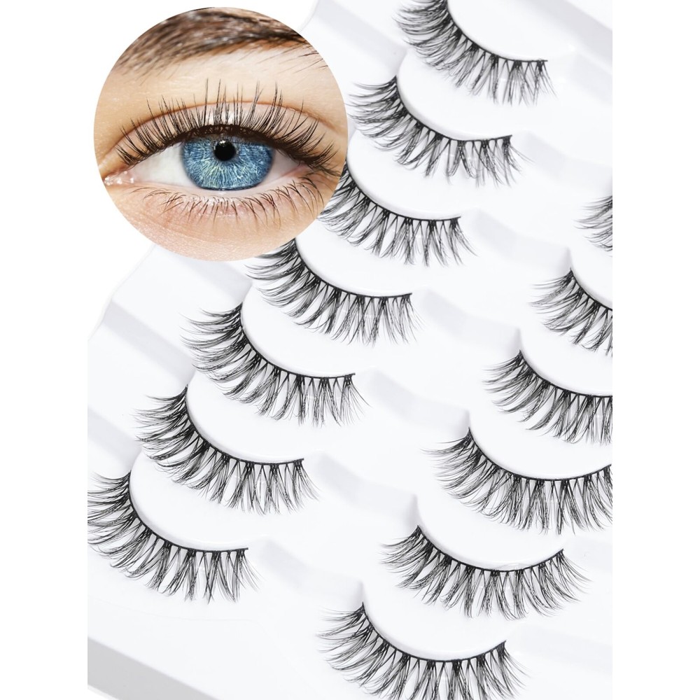 Eyelashes Wispy Natural Lashes 12mm Short Strip Lashes Thinner Band 3D Volume Fake Eyelashes Siligli Eyelashes C Curl False Lashes Pack 7 Pair