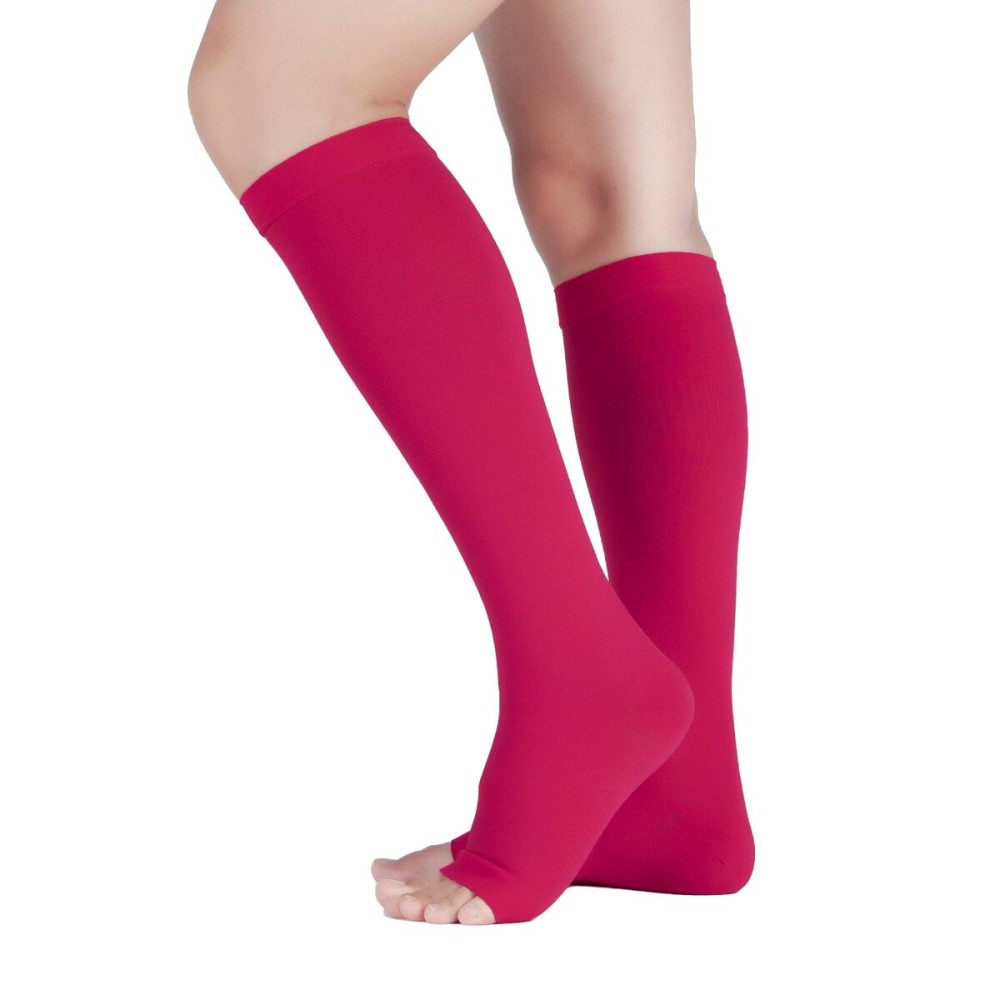 LIN PERFORMANCE 20-30 mmHg Medical Compression Socks for Women and Men Knee High Open Toe Stockings for Varicose Vein Swollen legs (XL,Rose Red)
