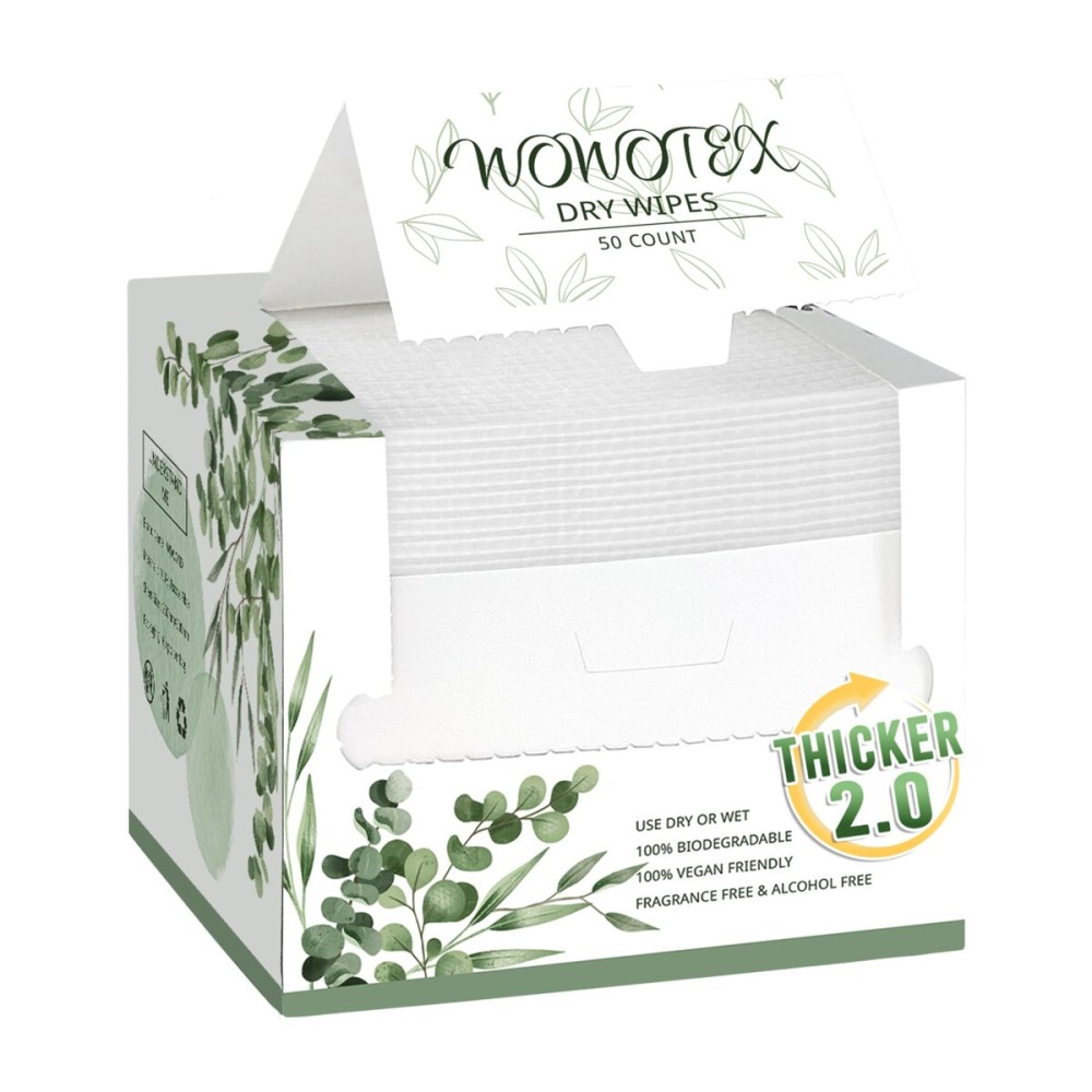 WOWOTEX THICKER Dry Wipes 50 Count Disposable Face Towels 10x12 | Ultra Soft for Sensitive Skin & Babies, Travel, Makeup Removal
