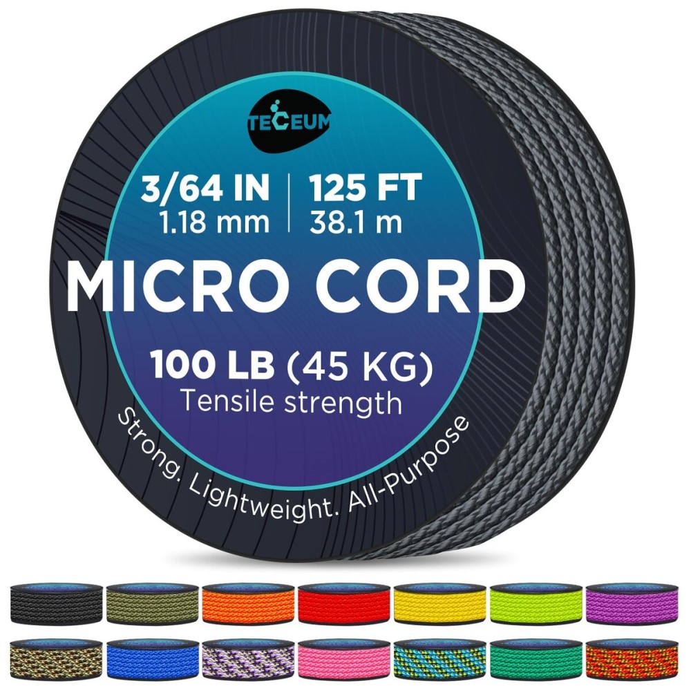 TECEUM Micro Paracord - Graphite Gray - 1.18 mm x 125 ft - Micro Utility Cord - Thin Braided Paracord Rope Nylon Polyester - Wind Chime Replacement - Survival Strong String 073c
