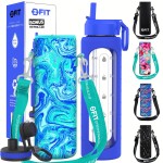 32 oz Glass Water Bottle with Straw Lid, Time Marker, Sleeve, Extra Lid & Water Bottle Holder with Strap - Motivational, Wide Mouth, 1L Glass Drinking Bottle (Royal Blue Sleeve, Blue Marble Carrier)
