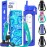 32 oz Glass Water Bottle with Straw Lid, Time Marker, Sleeve, Extra Lid & Water Bottle Holder with Strap - Motivational, Wide Mouth, 1L Glass Drinking Bottle (Royal Blue Sleeve, Blue Marble Carrier)