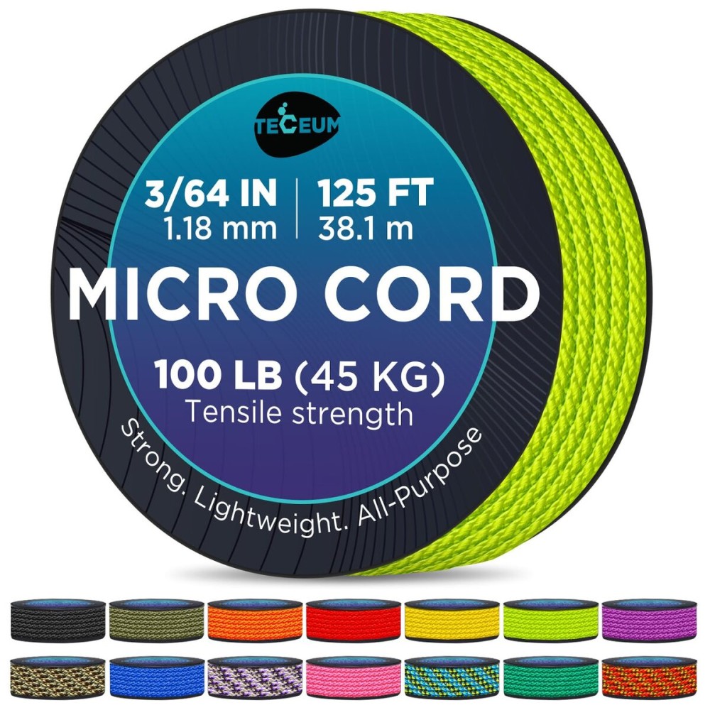 TECEUM Micro Paracord - Fluo Green - 1.18 mm x 125 ft - Micro Utility Cord - Thin Braided Paracord Rope Nylon Polyester - Wind Chime Replacement - Survival Strong String 462c