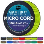 TECEUM Micro Paracord - Fluo Green - 1.18 mm x 125 ft - Micro Utility Cord - Thin Braided Paracord Rope Nylon Polyester - Wind Chime Replacement - Survival Strong String 462c