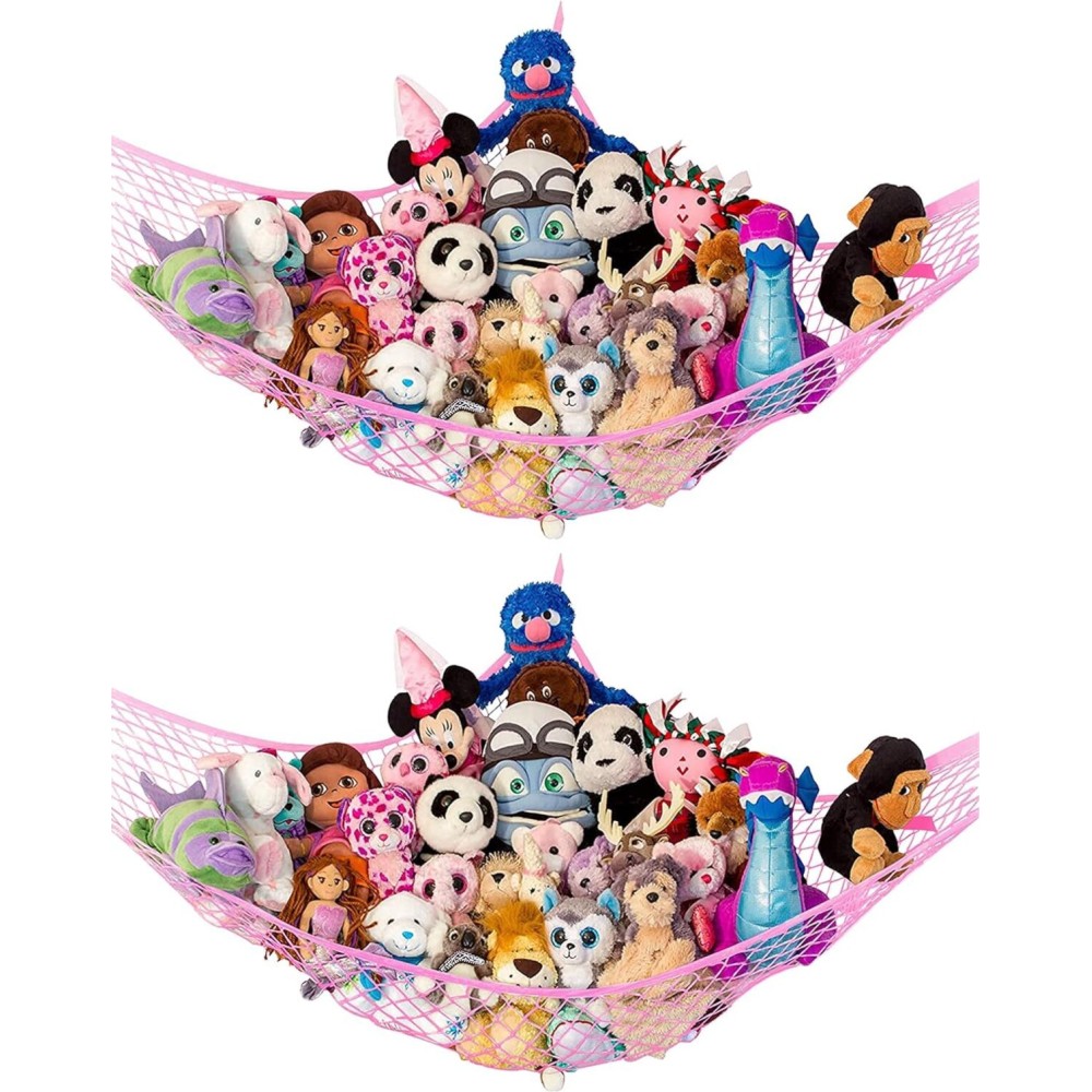 Lilly\'s Love Large Stuffed Animal Hammock | Corner Hanging Organizer, Toy Storage, Stuffed Animal Storage Net | Made from Quality Fishing Net, Holds 12lbs | 79x63x63 (Pink, 2 Pack)