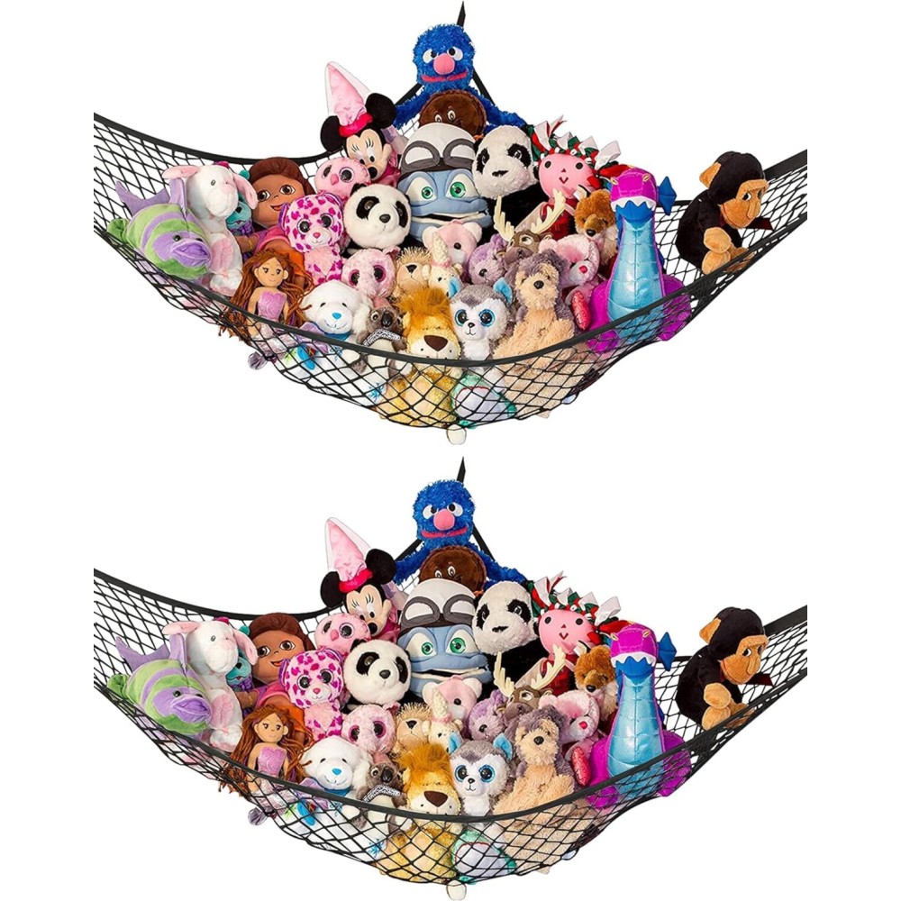Lilly\'s Love Large Stuffed Animal Hammock | Corner Hanging Organizer, Toy Storage, Stuffed Animal Storage Net | Made from Quality Fishing Net, Holds 12lbs | 79x63x63 (Black, 2 Pack)