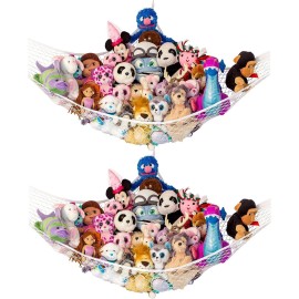 Lilly\'s Love Large Stuffed Animal Hammock | Corner Hanging Organizer, Toy Storage, Stuffed Animal Storage Net | Made from Quality Fishing Net, Holds 12lbs | 79x63x63 (White, 2 Pack)