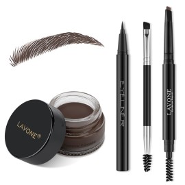 LAVONE Eyebrow Stamp Pencil Kit - Makeup Brow Stamp Trio with Waterproof Eyebrow Pencil, Eyeliner, Pomade, Dual-ended Brush - Dark Coffee