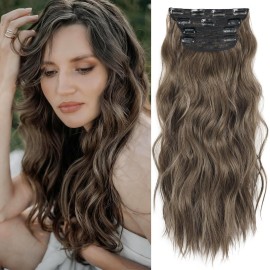 LEEONS 20 inch Synthetic Hair Extensions Long Wavy Double Weft Hair Extensions for Women(Medium Brown Mixed Ash Grey)