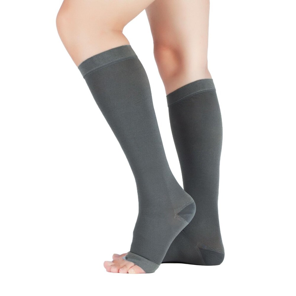 LIN PERFORMANCE 20-30 mmHg Medical Compression Socks for Women and Men Knee High Open Toe Stockings for Varicose Vein Swollen legs (L,Grey)