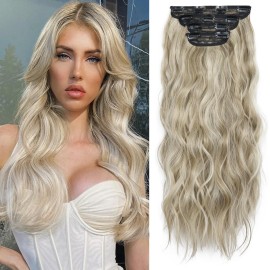 4PCS Synthetic Hair Warm Ash Blonde Highlights Bleach Blonde Clip in Hair Extensions Blonde Highlights Thick and Full Hair Extensions(Warm Ash Blonde Highlights Bleach Blonde)