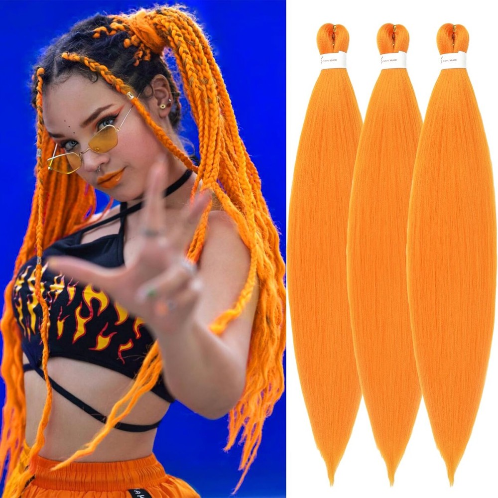 Orange Braiding Hair Pre Stretched 26inch 3 Packs Braiding hair Extensions Synthetic Crochet Braids, Hot Water Setting Professional Soft Yaki Texture. (26inch(3Packs),Orange)