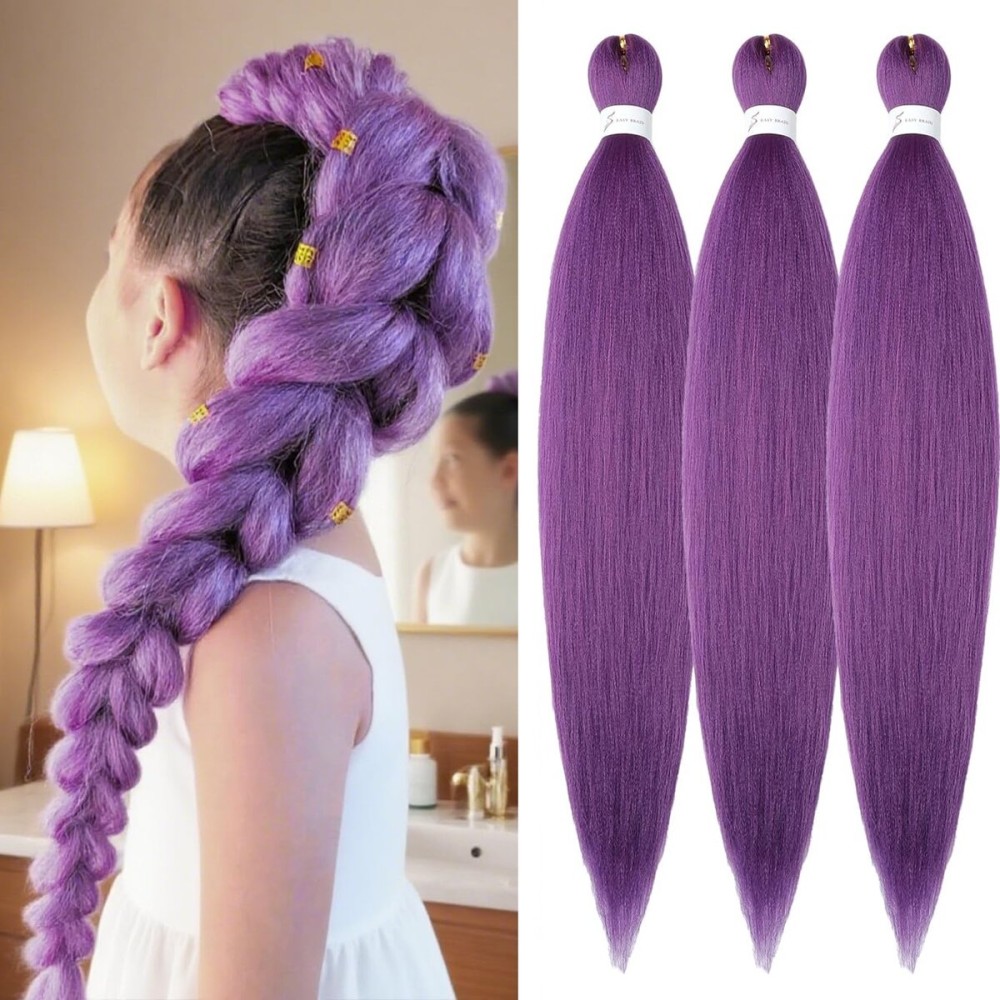 Purple Braiding Hair Pre Stretched 26inch 3 Packs Braiding hair Extensions Synthetic Crochet Braids, Hot Water Setting Professional Soft Yaki Texture. (26inch(3Packs),Lavender)