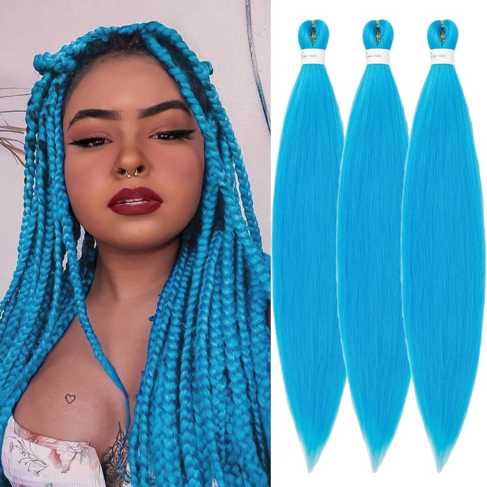 Pre Stretched Braiding Hair 26inch 3 Packs Blue Braiding hair Extensions Synthetic Crochet Braids, Hot Water Setting Professional Soft Yaki Texture. (26inch(3Packs),SKY-BLUE)
