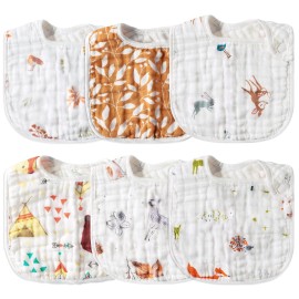 Zainpe 6Pcs Snap Muslin Cotton Baby Bibs Owl Fox Leaf Bear Bib with 6 Absorbent & Soft Layers Machine Washable Adjustable Burp Cloth for Infant Girl Boy Toddler Drooling Eating Teething 0 to 24 Months