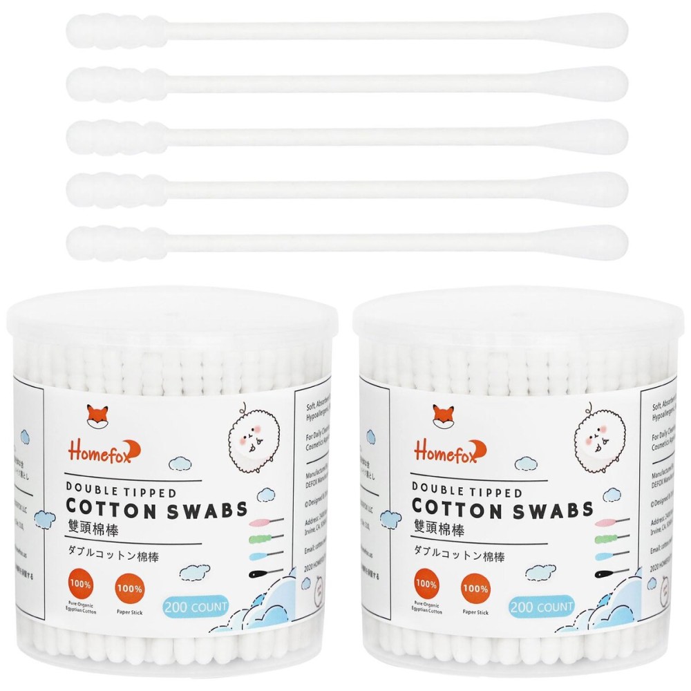 HOMEFOX Cotton Swabs Spiral Slim - 400 Count Organic Cotton Buds Double Side Tightly Wrapped Cotton Tips Paper Stick Soft Gentle Lint-Free Cruelty-Free, Round & Spiral (White)