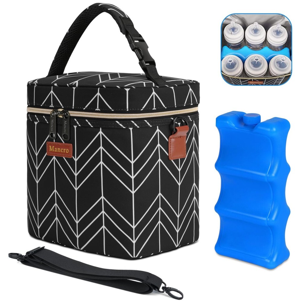 Mancro Breastmilk Cooler Bag, Insulated with Ice Pack, Fits 6 Baby Bottles Up to 9 Oz with On-The-Go Strap, Perfect for Nursing Moms and Daycare, Black Wave