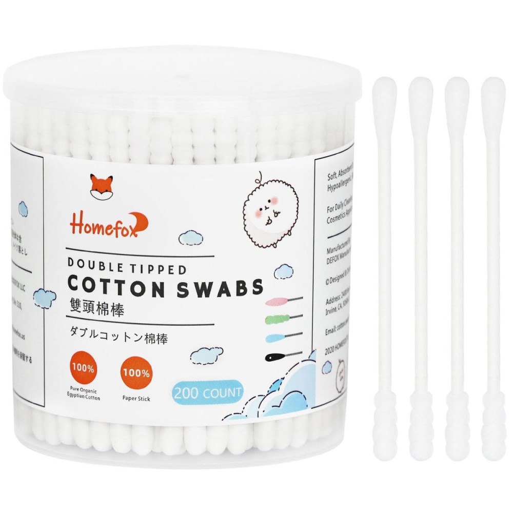 HOMEFOX Cotton Swabs Spiral - 200 Count Organic Cotton Buds Double Side Tightly Wrapped Cotton Tips Paper Stick Soft Gentle Lint-Free Cruelty-Free, Round & Spiral (White)
