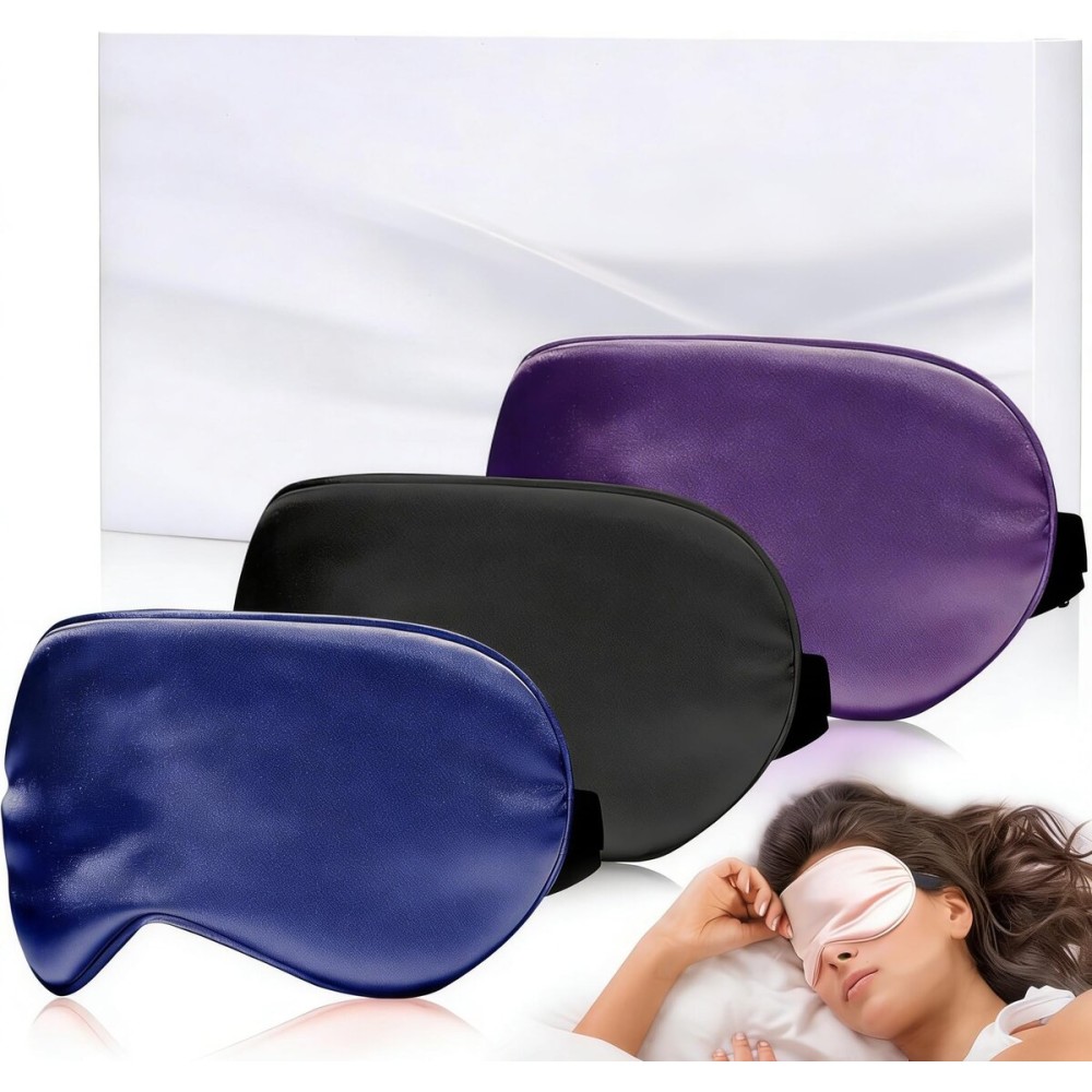 Sleep Mask Silk Eye Mask for Sleeping, Super Soft Blackout Eye Mask for Women Men, Adjustable Straps, Suitable for Travel, 3 Pack, Black-Purple-Navy