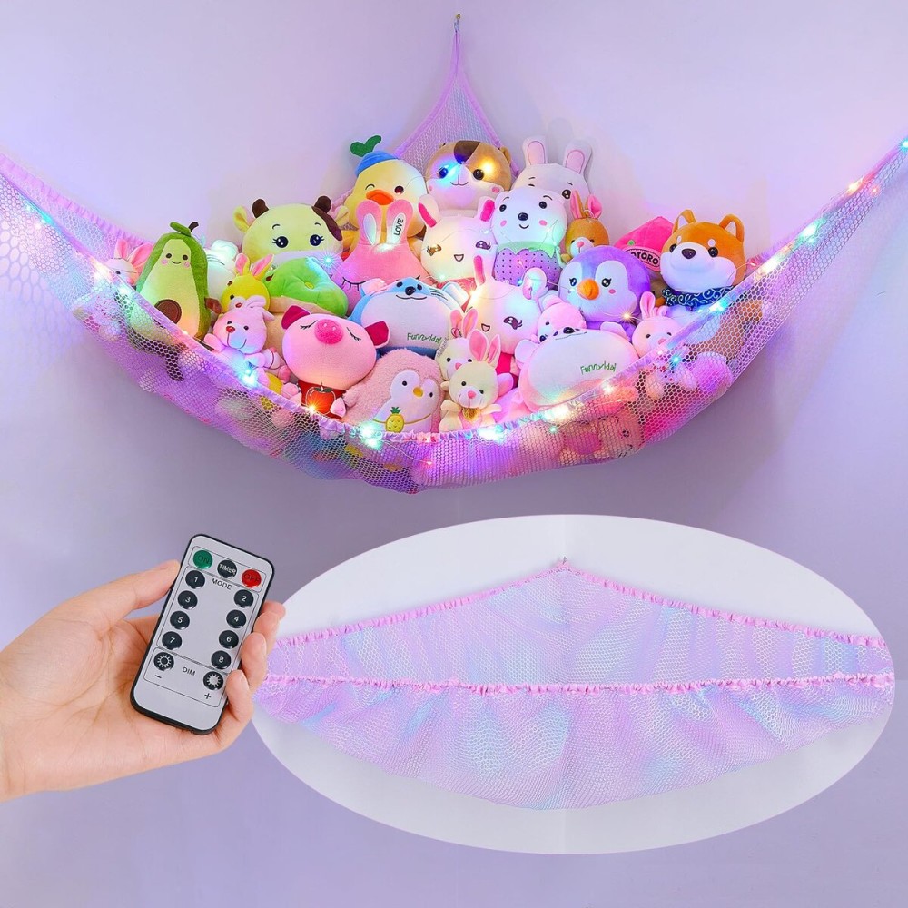 Unicorn Castle Stuffed Animals Net Hammock Kids Toy Storage with LED Light Plush Toy Organizer Corner Hanging Stuffed Animals Holder For Nursery Kids Girls Room Decor