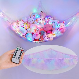 Unicorn Castle Stuffed Animals Net Hammock Kids Toy Storage with LED Light Plush Toy Organizer Corner Hanging Stuffed Animals Holder For Nursery Kids Girls Room Decor