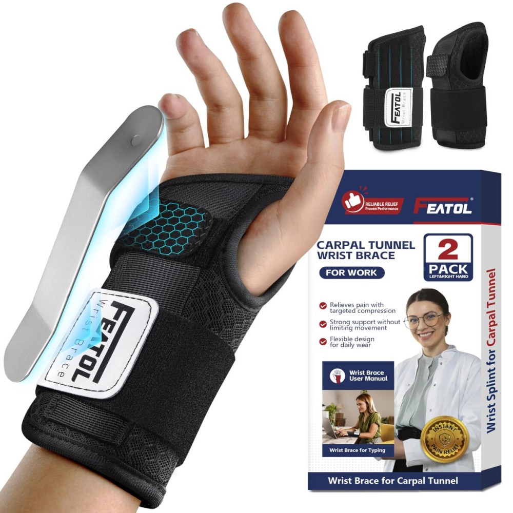 FEATOL 2 Pack Carpal Tunnel Wrist Brace For Work With Wrist Splint, 6.5\'\' Hand Brace Night Support For Women Men, Pain Relief For Tendonitis, Arthritis, Pregnancy, Typing, Right and Left Hand, Large