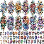 EGMBGM 63 Sheets 3D Watercolor Rose Temporary Tattoos For Women Arm Girls Adults, Water Color Peony Flower Tattoo Sticker, Bulk Temp Fake Long Lasting Tattoo Colorful Floral Moon Snake Lion Wolf Tiger