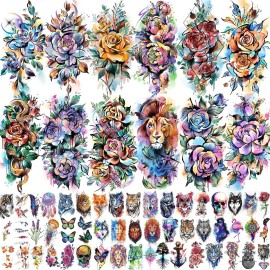 EGMBGM 63 Sheets 3D Watercolor Rose Temporary Tattoos For Women Arm Girls Adults, Water Color Peony Flower Tattoo Sticker, Bulk Temp Fake Long Lasting Tattoo Colorful Floral Moon Snake Lion Wolf Tiger