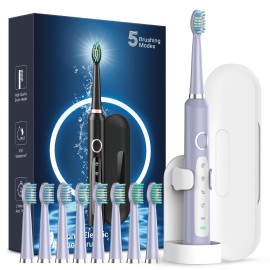 Rtauys M5 Sonic Electric Toothbrush for Adults and Kids - Rechargeable Electric Toothbrush Kids Ages 12+ and Adults with 8 Brush Heads & Travel Case, 120 Days Battery Life - Light Purple