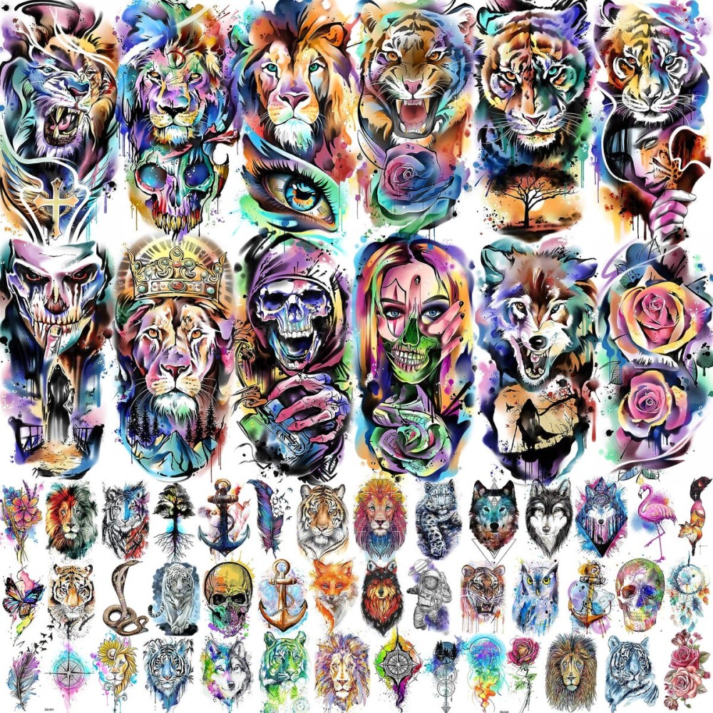 VANTATY 55 Sheets 3D Watercolor Temporary Tattoos For Women Men Adults Kids - Realistic Animal Print, Tribal, Floral, Halloween Designs - Multicolor - Waterproof - Ages 3+
