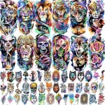VANTATY 55 Sheets 3D Watercolor Temporary Tattoos For Women Men Adults Kids - Realistic Animal Print, Tribal, Floral, Halloween Designs - Multicolor - Waterproof - Ages 3+