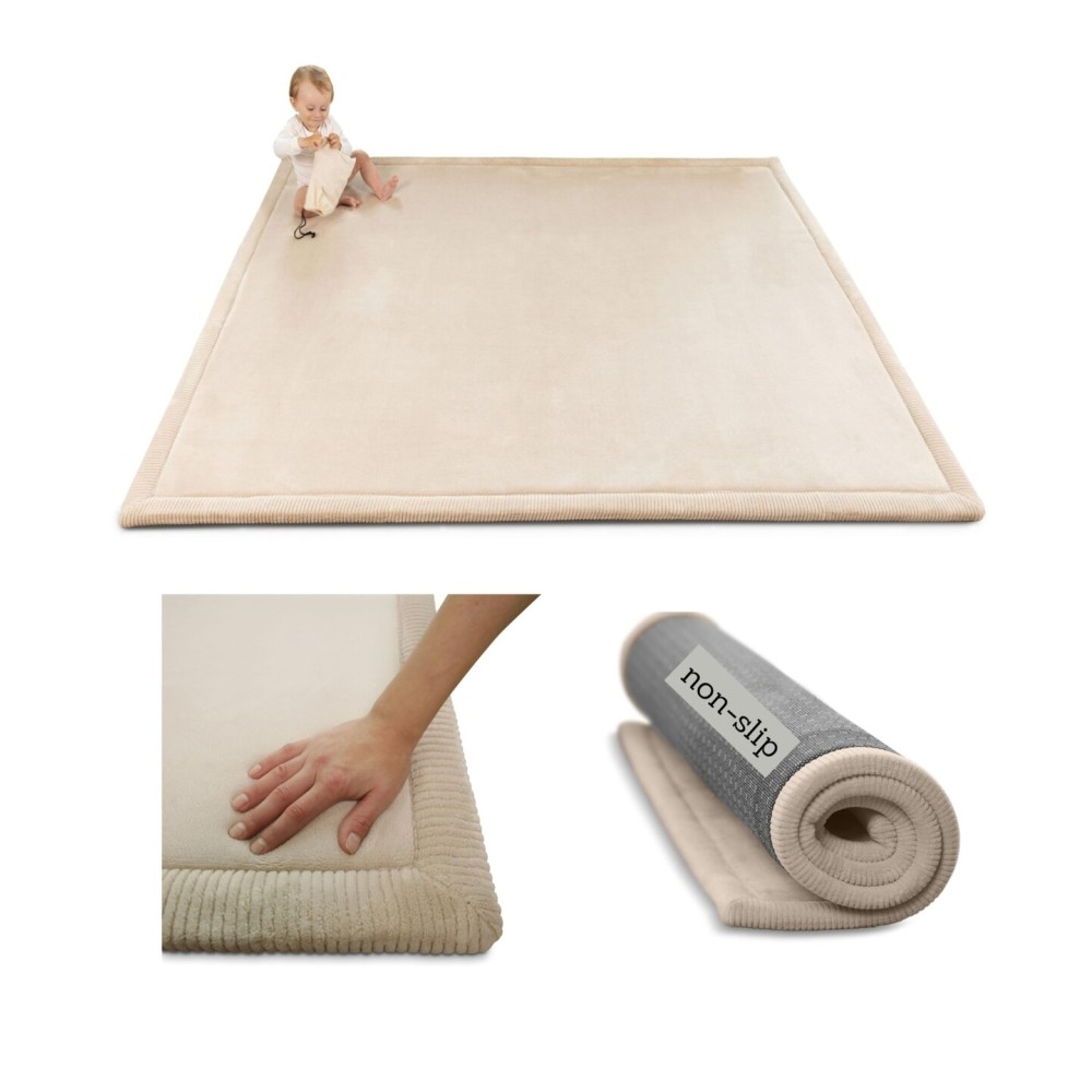 Hakuna Matte CloudSoft Baby Play Mat for Floor 60 x 80 Beige - Coral Velvet Memory Foam Rug for Crawling & Cozy Play - Non-Slip, Water-Resistant, Easy-CareTummy Time Mat, Playmat for Playpen