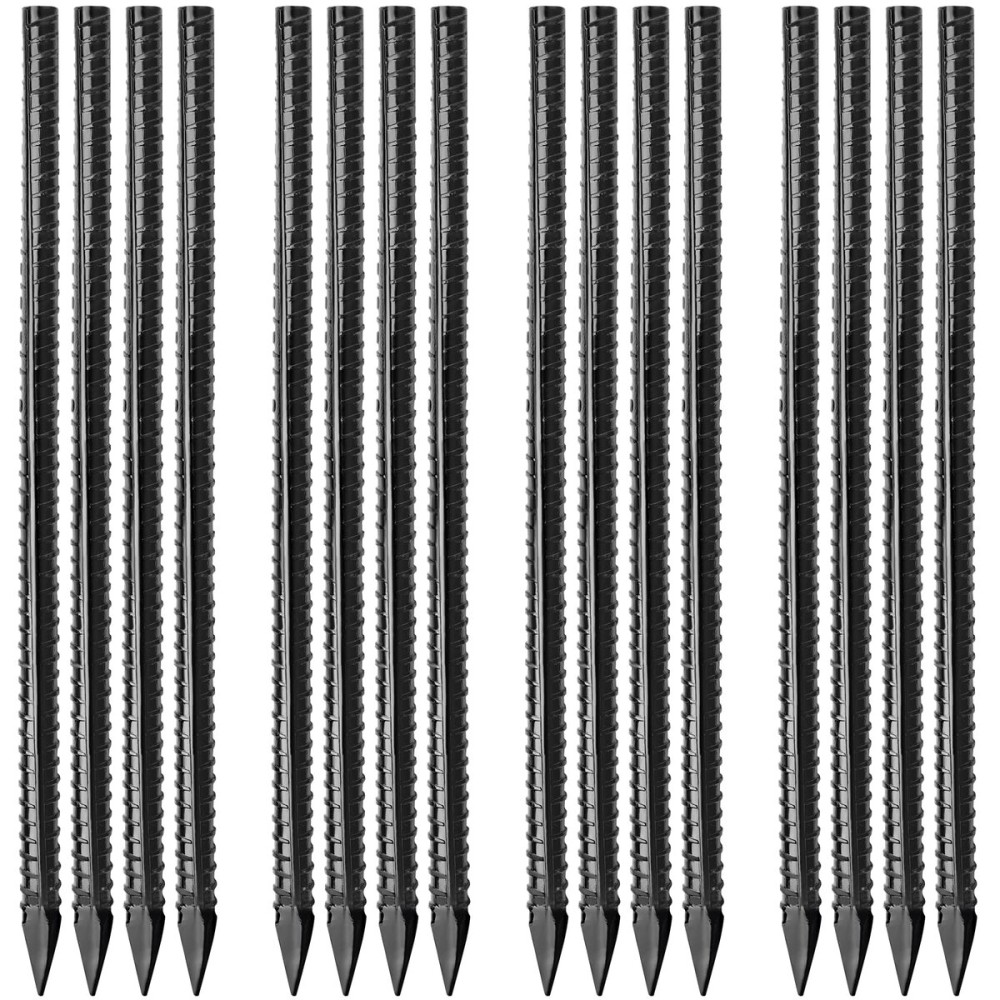 Besitu 16 inches Ground Rebar Stakes (16 pcs) Heavy Duty Metal Spikes for Concrete Timber Garden Plant, Long Straight Steel Stakes for Tent, 3/8 Thickness Ground Anchors with Chisel Point End, Black