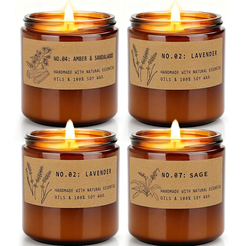 Christmas Candle Gifts for Women - Large 36 oz Scented Candle Gift Set, Natural Soy Wax Amber Jar Candles with Lavender & Sage, 4-Pack Aromatherapy Set
