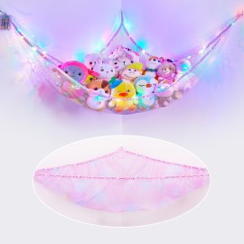 Basumee Stuffed Animals Net or Hammock with LED Light Hanging Toy Net Hammock for Stuffed Animals Storage Stuff Animals Hammocks for Nursery Kids Room with Remote Control, 8 Kinds of Lights(Pack of 1)